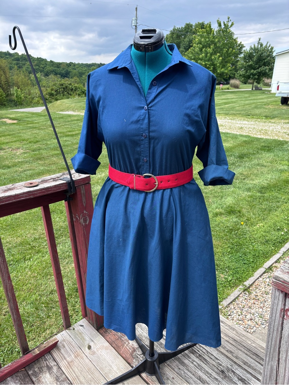 VINTAGE Navy Button-Front Midi work Dress with Red Waist Belt POCKETS!